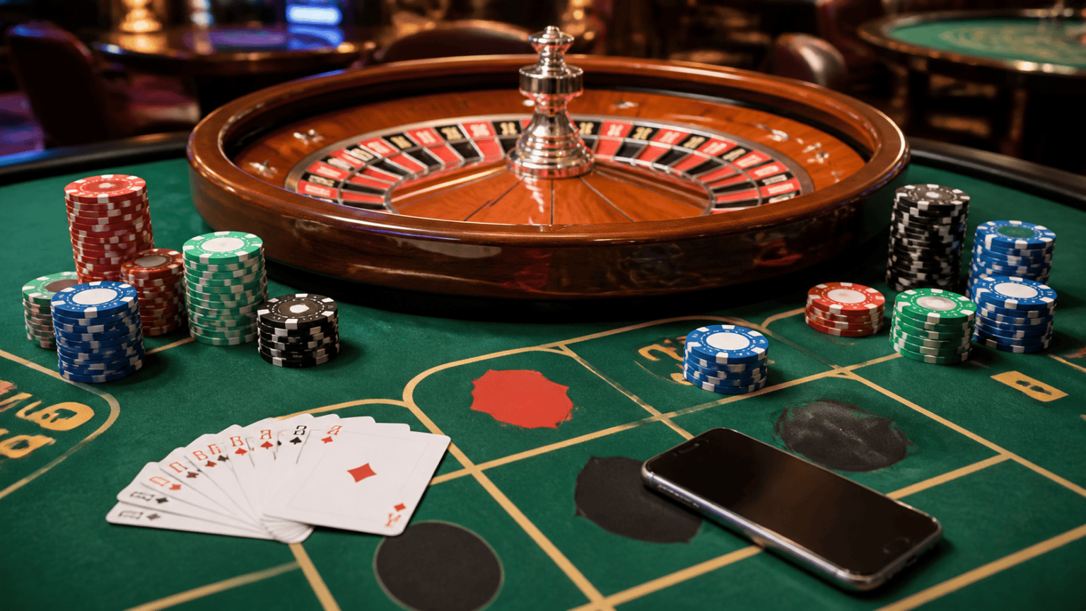 Casino chips and mobile betting screen on a gaming table