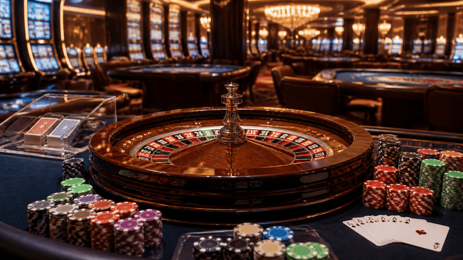 Online Crypto Casino: Innovazione, Tecnologia Blockchain e Intrattenimento Digitale Casino gaming setup with cards, slots, and roulette wheel