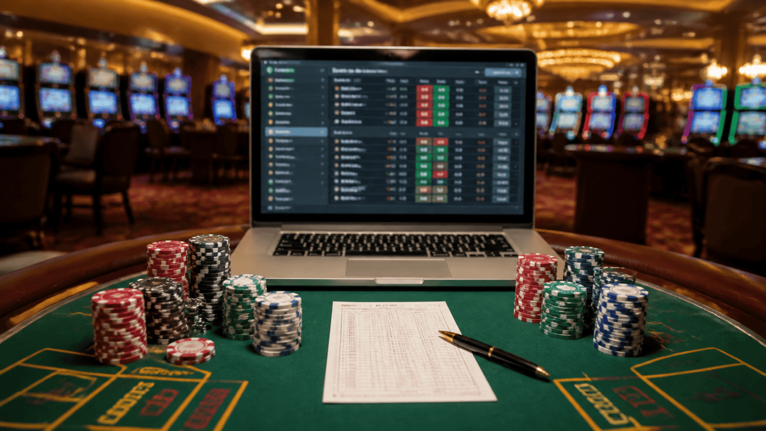 Casino-related betting desk with chips, laptop, and betting slip