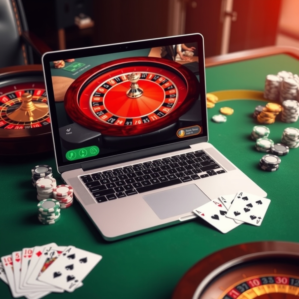 Nuovi Siti Casino con Slots Casinos: Guida alle Funzionalità e alle Regole di Gioco Laptop showing an online casino roulette game beside a roulette wheel, betting chips, and playing cards