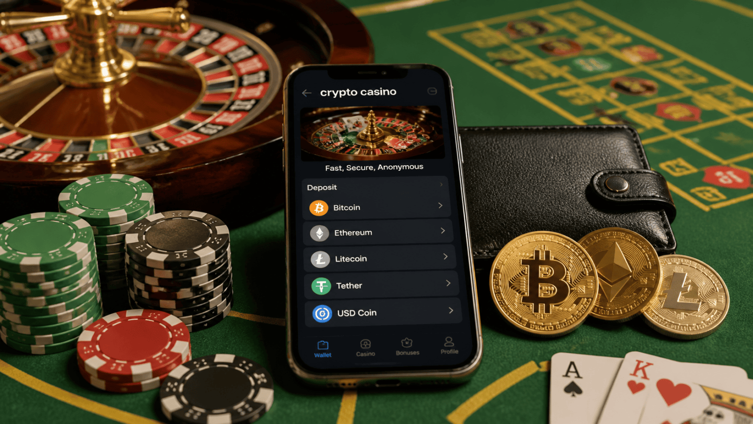 Crypto Online Casino Guide: What Players Should Know Casino table with smartphone showing crypto deposit options