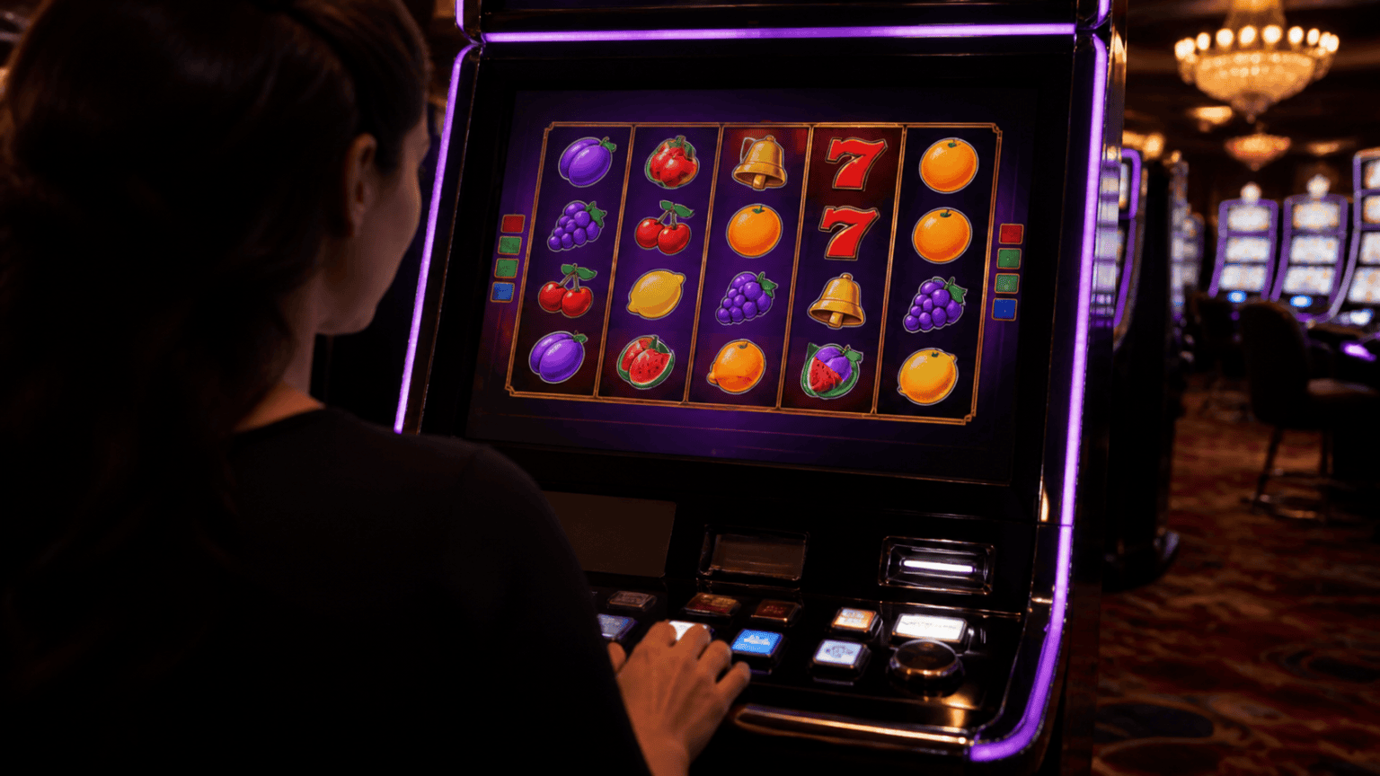 Máy trò chơi nổ hũ với các biểu tượng màu sắc trong không gian casino
