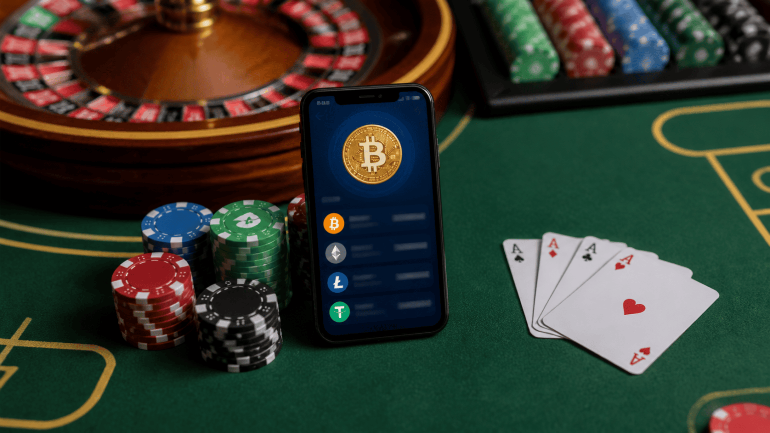Online Casino Crypto: A Practical Guide for Players Casino table with crypto wallet on a smartphone and poker chips
