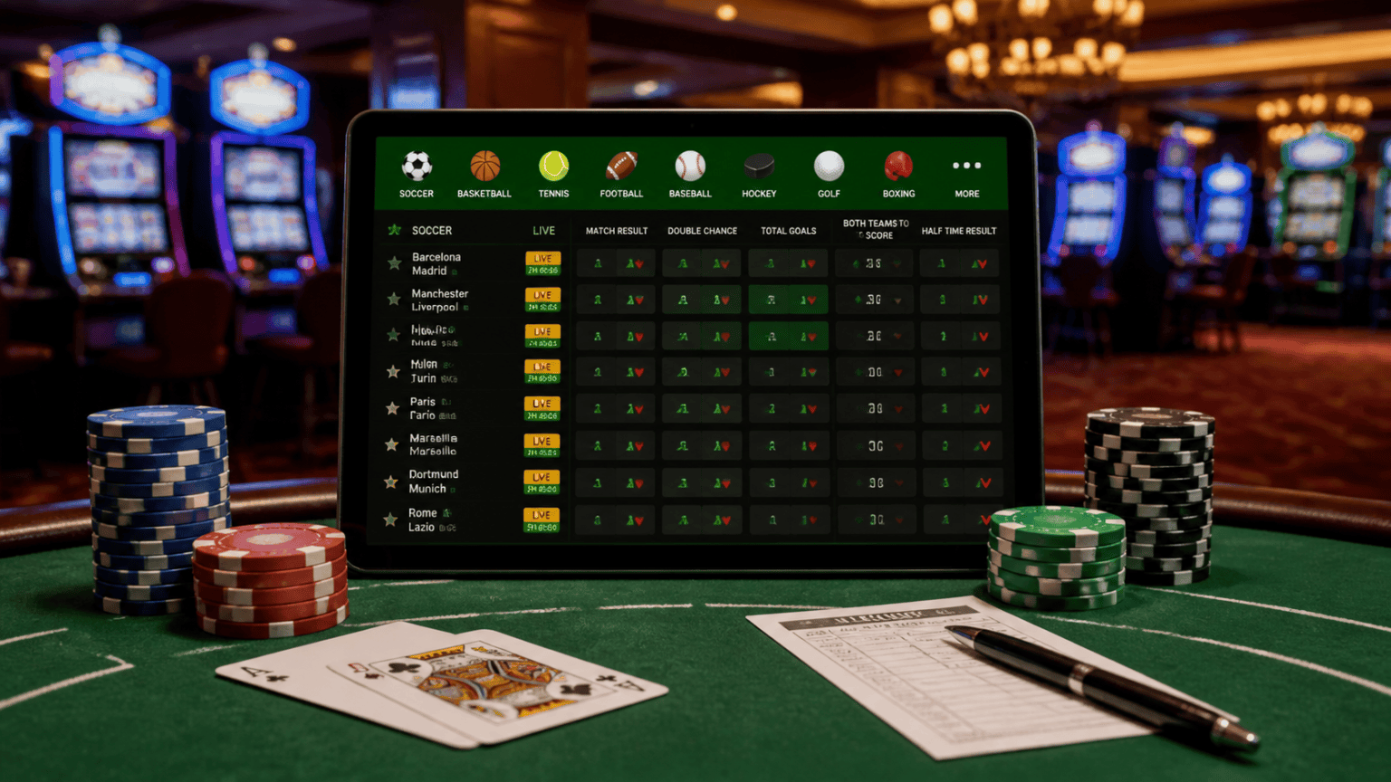 Casino-related betting screen with chips, cards, and a betting slip